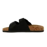 Sandalias bajas negras con dos tiras anchas ajustables con hebillas metálicas y plantilla de corcho.