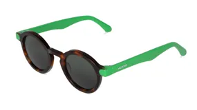 Lentes de sol con armazón de carey y patillas verdes, estilo redondo.