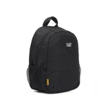 Mochila negra con estampado geométrico, logo de Caterpillar en el frente, anillo en D, tiradores de cremallera negro mate, tirantes ajustables de malla elástica, bolsillo portaobjetos y ranuras para bolígrafos en el compartimento principal, compartimento trasero principal con bolsillo acolchado para un portátil.