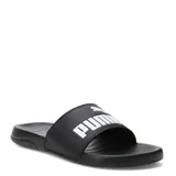 Sandalias Puma Popcat 20 unisex, color negro con logo blanco en la tira.