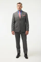 Ambo de vestir gris con saco de dos botones, solapa de muesca, dos bolsillos con solapa y un bolsillo de ojal en el pecho. Pantalón de vestir a juego, de corte recto.