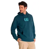 Buzo canguro verde oliva con capucha ajustable y cordones, bolsillo frontal y logo CAT estampado en blanco en el pecho.