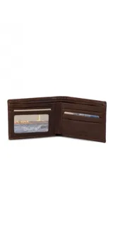 Billetera marrón de cuero liso, con cierre de cremallera en el exterior, interior con visor, espacio para tarjetas y división para billetes.