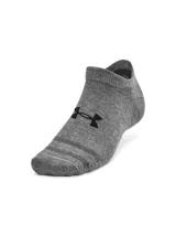 Pack de tres pares de medias Under Armour unisex, modelo Essential No Show, color gris con logo negro. Diseño ligero y transpirable con soporte en el arco del pie.