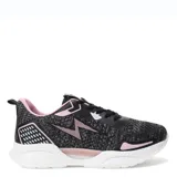 Championes grises con detalles en rosa y amarillo flúor, con suela blanca.