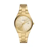 Reloj Fossil Scarlette de acero dorado con esfera dorada de 38mm, números romanos en las 12 y las 6, agujas e indicadores de hora dorados, y calendario a las 3.