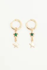 Par de aros dorados tipo argolla con dije colgante de estrella y flor negra.