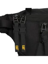Riñonera negra con correa ajustable y hebilla de liberación rápida. Presenta un diseño utilitario con múltiples bolsillos con cremallera, incluyendo un bolsillo interior plano. Destaca por una cinta frontal amarilla con el logo CAT® en negro.