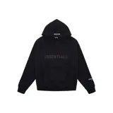 Buzo hoodie negro con logo "ESSENTIALS" estampado en el pecho y logo en la manga izquierda.