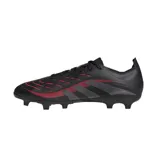 Championes de fútbol Adidas Predator League FG/MG, color negro con detalles en gris y rojo. Exterior Hybridfeel con elementos Strikescale y suela Controlplate para terrenos firmes y césped artificial.