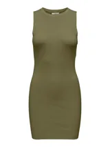 Vestido corto de punto plano color verde oliva, sin mangas y con cuello redondo.