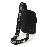 Bandolera Guess de poliuretano color negro con correa ajustable, cierre superior y bolsillo frontal con cierre.