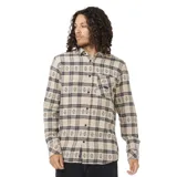 Camisa de franela beige con estampado de cuadros y un bolsillo en el pecho, de corte clásico.