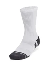Medias deportivas blancas con detalles en gris y negro, ideales para entrenamiento. Cuentan con soporte para el arco del pie y tecnología para mantener los pies frescos.