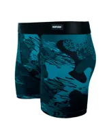 Boxer de lycra premium con estampado de camuflaje en tonos de azul y negro.