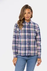 Camisa de algodón a cuadros con dos bolsillos en el pecho, botones a presión y spandex.