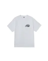 Remera blanca de manga corta con cuello redondo y estampado en el pecho con el logo de Obey rodeado de estrellas y líneas en color azul y negro.