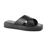 Sandalias negras de cuero sintético con plataforma y tiras cruzadas.