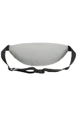 Riñonera gris con correa ajustable negra, bolsillo frontal con cierre y llavero colgante con la palabra 'Trendy'.