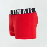 Pack de tres bóxers para hombre, uno liso color rojo, uno azul marino con estampado de porciones de pizza y otro bordó con estampado de botellas de cerveza y llamas.