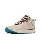 Bota de trekking Columbia Facet 75 Equinox color beige con detalles en negro y naranja. Confeccionada en malla duradera con capas sin costuras y soporte de TPU translúcido en la parte media del pie y clip en el talón para protección y estabilidad.