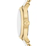 Reloj Fossil modelo Gilmore para mujer, con caja dorada de 38mm y pulsera combinada de cerámica blanca y acero dorado. El dial es plateado con números romanos dorados y fechador a las 6.