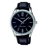 Reloj analógico Casio modelo MTPV005L-1BUDF, con caja plateada, esfera negra y correa de cuero negra. Resistente al agua.