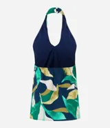 Blusa sin mangas con escote halter, estampado de follaje en tonos verde, azul y beige, y cinturón marrón.