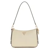 Cartera Guess modelo Daryna II, color blanco hueso, confeccionada en poliuretano con textura lisa. Tiene correa de hombro fina y rígida, cierre superior con cremallera, logo triangular dorado en el frente y charm colgante con logo de la marca.