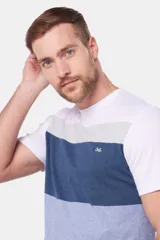 Remera de manga corta con diseño a rayas horizontales en blanco, gris, azul y celeste.