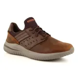 Zapato casual Skechers modelo Delson 3.0 Ezdra, color marrón, con capellada de cuero y cordones elásticos.