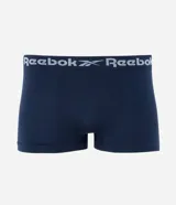 Calzoncillo bóxer azul marino de poliéster y elastano, con cintura elástica blanca con logo Reebok repetido.