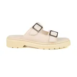 Sandalias bajas color verde militar con doble tira ancha con hebillas metálicas y suela track color negro.