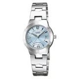 Reloj Casio analógico para mujer, modelo LTP1241D-2ADF, con caja y pulsera de acero plateado, esfera celeste con agujas plateadas y números arábigos en las posiciones de las 12, 6 y 9. Resistente al agua hasta 30 metros.