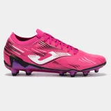 Championes de fútbol Joma modelo Propulsion, color rosa fucsia con detalles en negro y blanco. Presentan cuello tejido y suela con tapones para césped firme (FG).