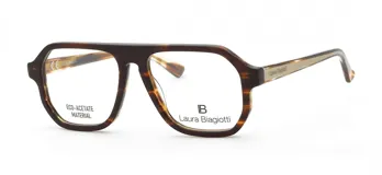 Armazón para lentes Laura Biagiotti modelo 51 col HA, de acetato color marrón con detalles carey. Diseño rectangular con puente alto y varillas delgadas con logo de la marca.