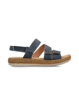Sandalias de cuero nobuck color naranja, con tiras ajustables con velcro, forro y plantilla de cuero, y suela de PVC cosida y flexible.