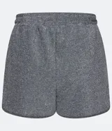 Short corto gris con textura de hilo metalizado, cintura elástica con cordón ajustable y detalles laterales en negro.