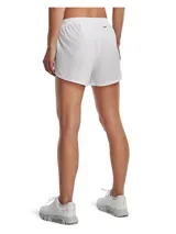 Short deportivo Under Armour Fly By Elite 3, color blanco, con cintura elástica, logo reflectivo y paneles laterales de malla.