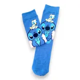 Par de medias celestes con diseño de Stitch y un patito.
