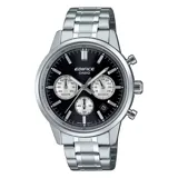 Reloj Edifice Casio con cronógrafo, caja y correa de acero inoxidable plateado, esfera negra con detalles en blanco y plateado, y cristal mineral.