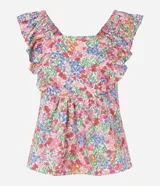 Blusa sin mangas de viscolino con estampado floral liberty, escote cuadrado delantero y trasero, volados en las sisas y lastex en la espalda.