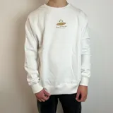 Buzo blanco de cuello redondo con puños y cintura acanalados. Estampado frontal con palmeras y texto "Surf Point Santa Barbara".