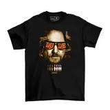 Remera negra de algodón con estampado del personaje The Dude de la película El Gran Lebowski, con texto en los anteojos y bolos de bowling en la parte inferior.