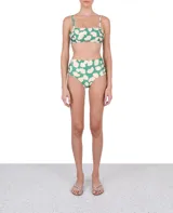 Top de bikini con estampado de conchas color beige sobre fondo verde.
