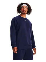 Buzo Under Armour Rival Fleece Crew de hombre, color azul marino, con logo pequeño bordado en el pecho.