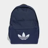 Mochila Adidas Adicolor Classic azul marino con logo blanco. Tiene un compartimento principal amplio, un bolsillo frontal adicional y bolsillos laterales. Las correas son acolchadas y ajustables.