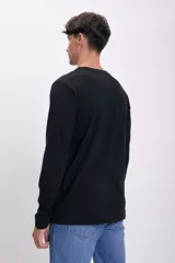 Remera básica negra de manga larga con cuello redondo.