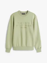 Buzo verde claro de cuello redondo, marca Tommy Hilfiger, con logo de la marca bordado en el frente.