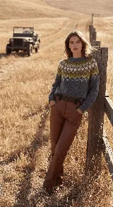 Buzo de lana merino tejido a mano, color gris oscuro, con diseño de rombos en tonos verde oliva y blanco en el canesú. Tiene cuello redondo y puños y ruedo acanalados.